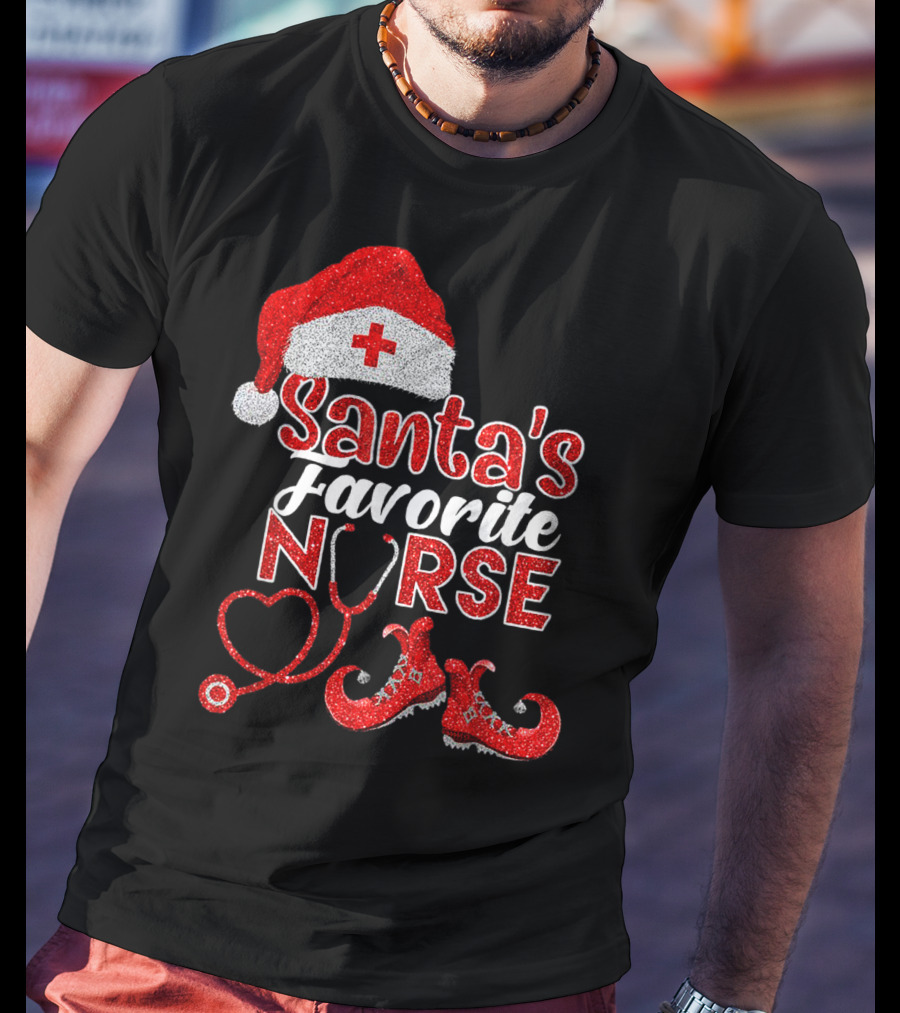 Santa's Favorite Nurse Heart Stethoscope Elf Shoes Merry Xmas Party T-Shirt