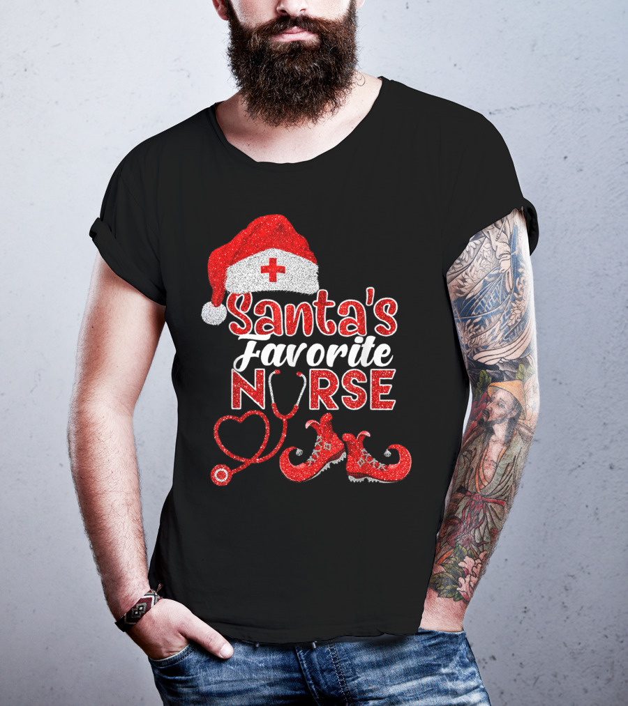 Santa's Favorite Nurse Heart Stethoscope Elf Shoes Merry Xmas Party T-Shirt