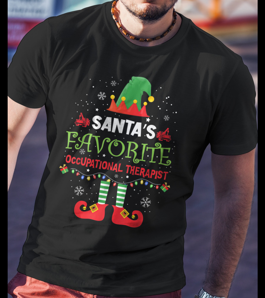 Santa's Favorite Occupational Therapist Merry Christmas Elf Hat Lights Snowflakes T-Shirt