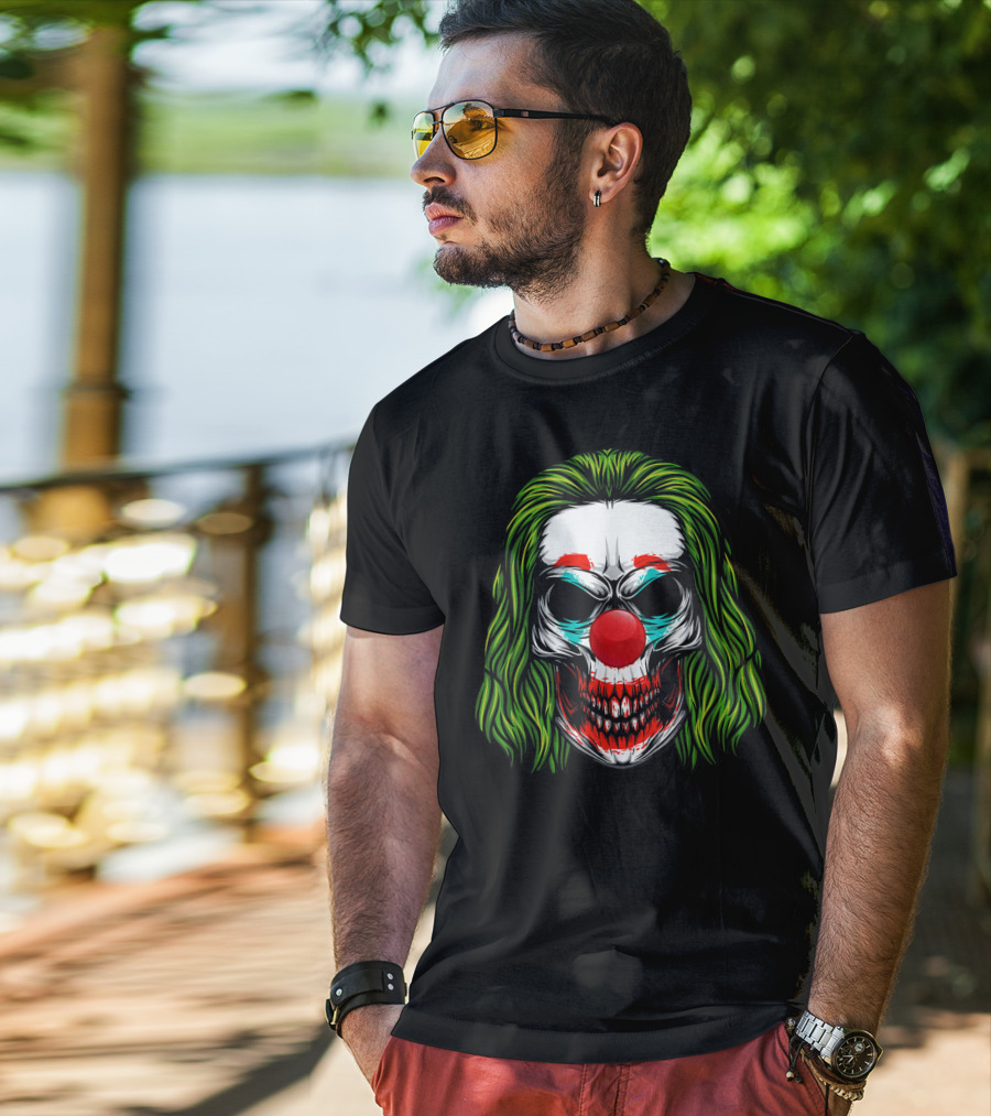 Scary Clown Skull Horror With Green Hair And Red Nose T-Shirt