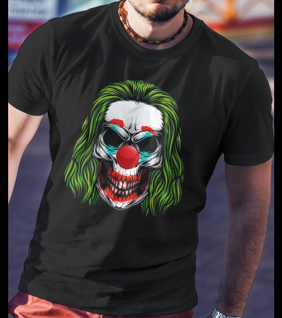Scary Clown Skull Horror With Green Hair And Red Nose T-Shirt