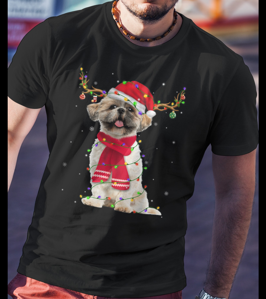 Shih Tzu Christmas Reindeer Antlers Red Scarf Santa Hat Festive Lights T-Shirt