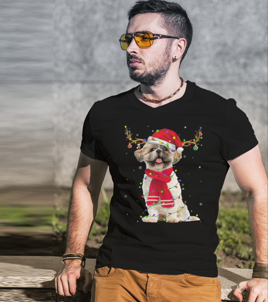 Shih Tzu Christmas Reindeer Antlers Red Scarf Santa Hat Festive Lights T-Shirt