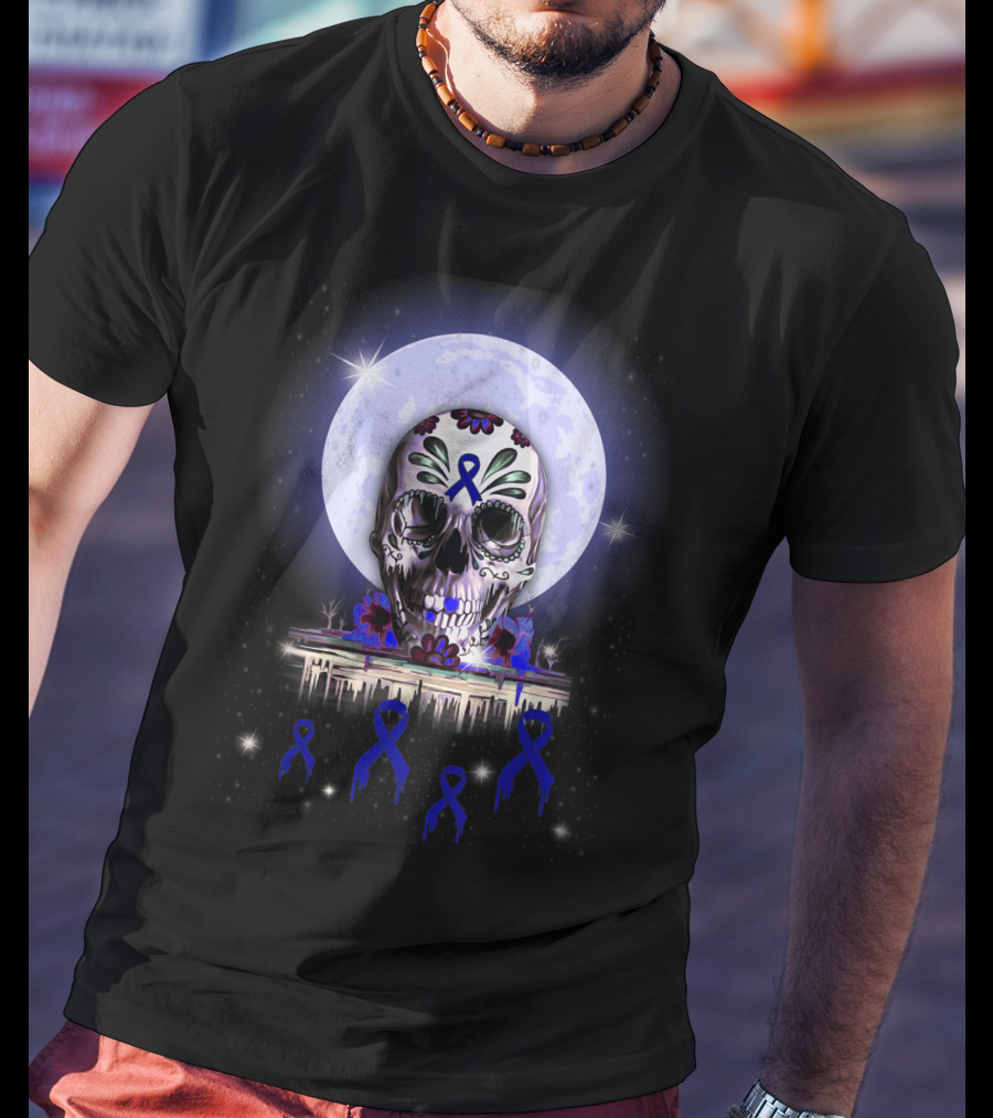 Skull With Floral Motifs And Blue Ribbon In Front Of Full Moon For Rectal Cancer Awareness T-Shirt