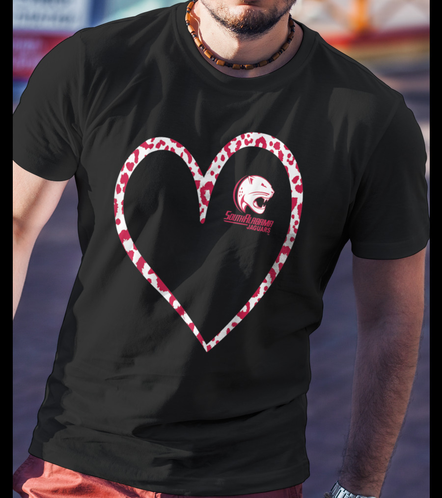 South Alabama Jaguars Leopard Print Heart T-Shirt