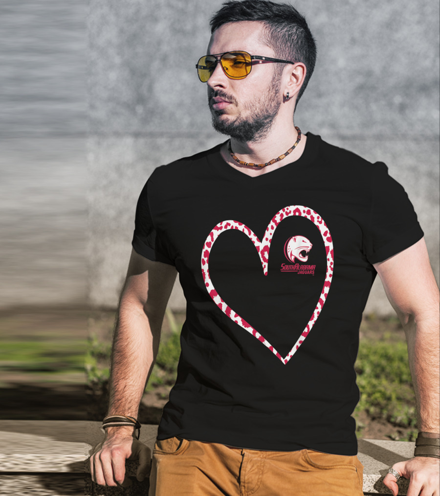 South Alabama Jaguars Leopard Print Heart T-Shirt