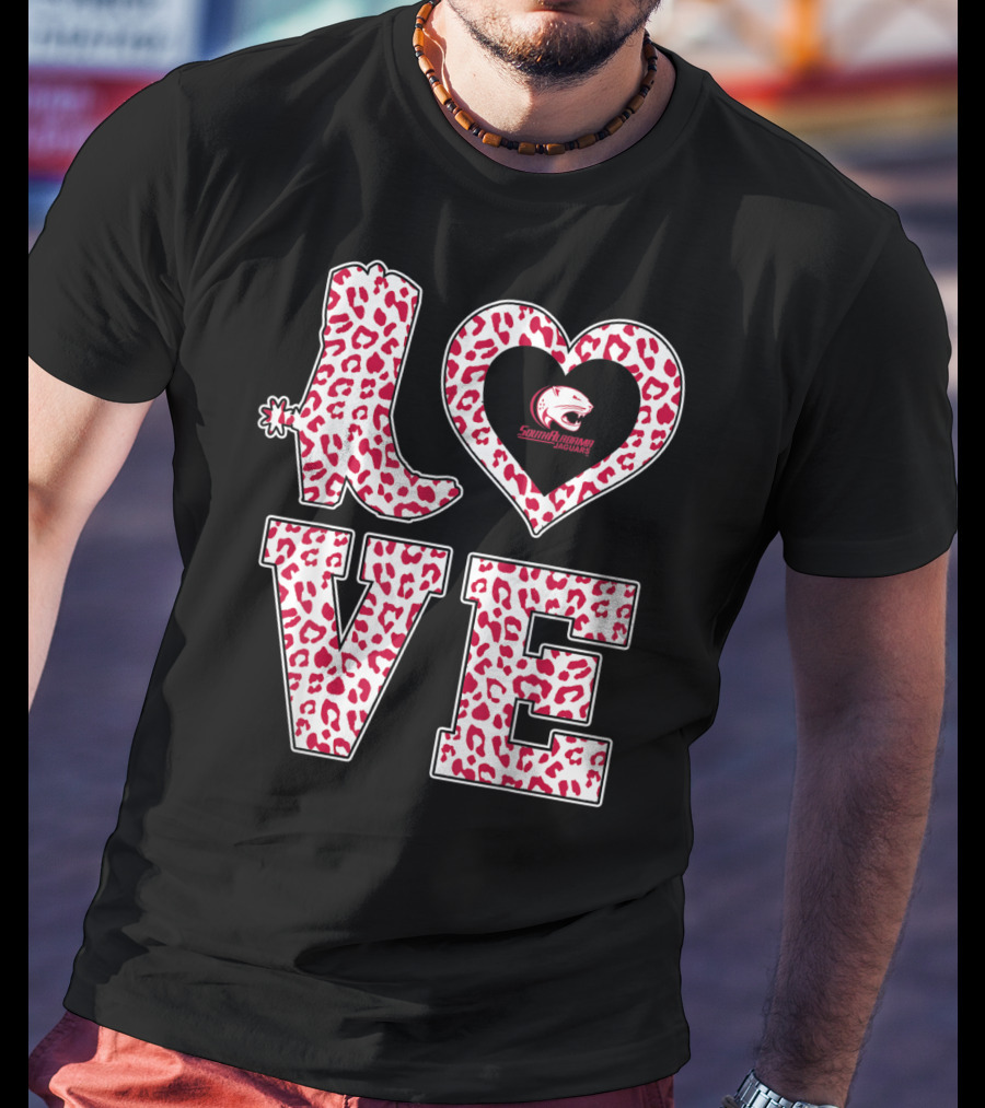 South Alabama Jaguars Leopard Print Love Logo Graduation T-Shirt