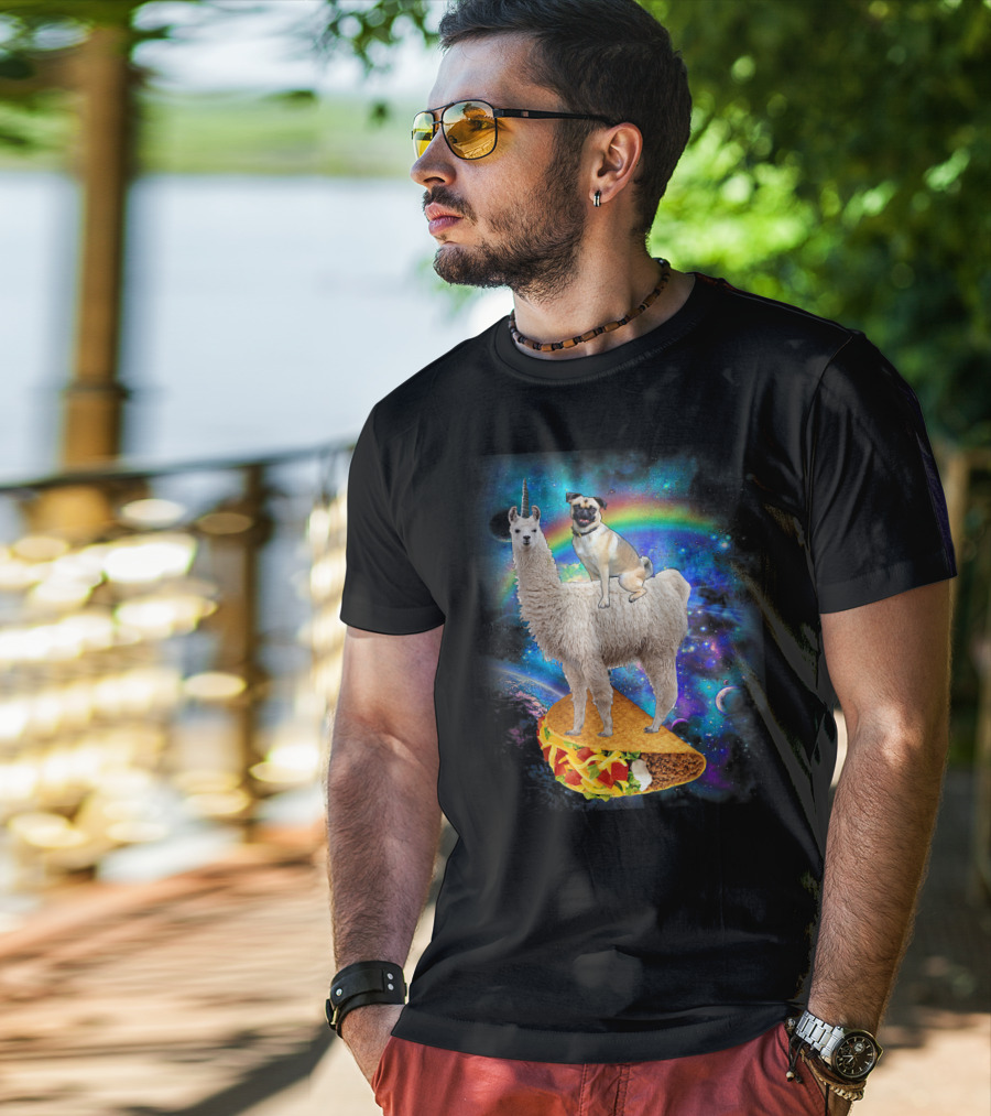 Space Pug On Llama With Taco In Galaxy Background T-Shirt