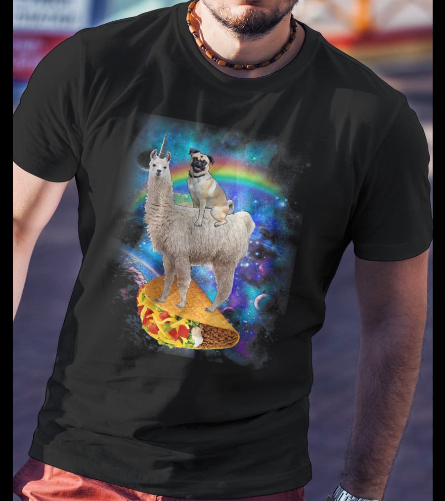 Space Pug On Llama With Taco In Galaxy Background T-Shirt
