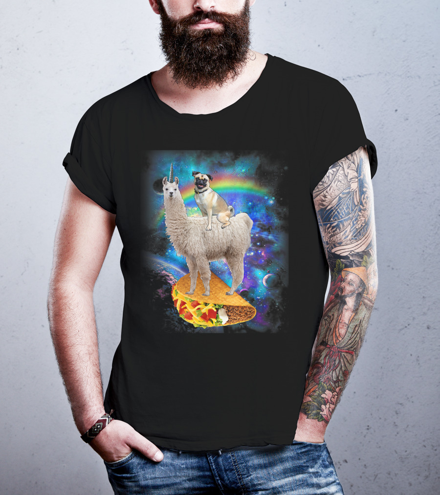 Space Pug On Llama With Taco In Galaxy Background T-Shirt