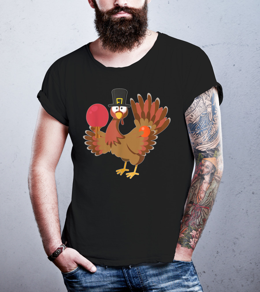 Thanksgiving Turkey Playing Ping Pong With Paddle And Pilgrim Hat T-Shirt