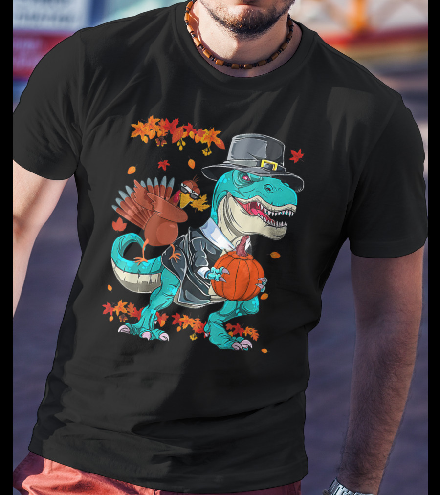 Thanksgiving Pilgrim T-Rex Dinosaur Dabbing Turkey With Pumpkin And Autumn Leaves T-Shirt