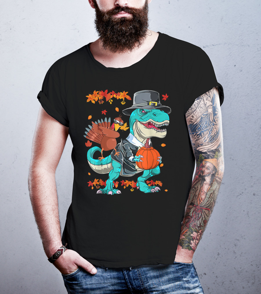 Thanksgiving Pilgrim T-Rex Dinosaur Dabbing Turkey With Pumpkin And Autumn Leaves T-Shirt
