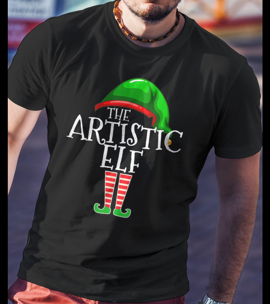 The Artistic Elf Green Hat Red Striped Socks T-Shirt
