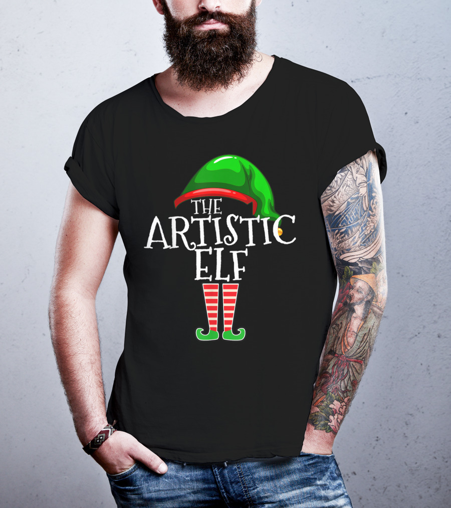 The Artistic Elf Green Hat Red Striped Socks T-Shirt