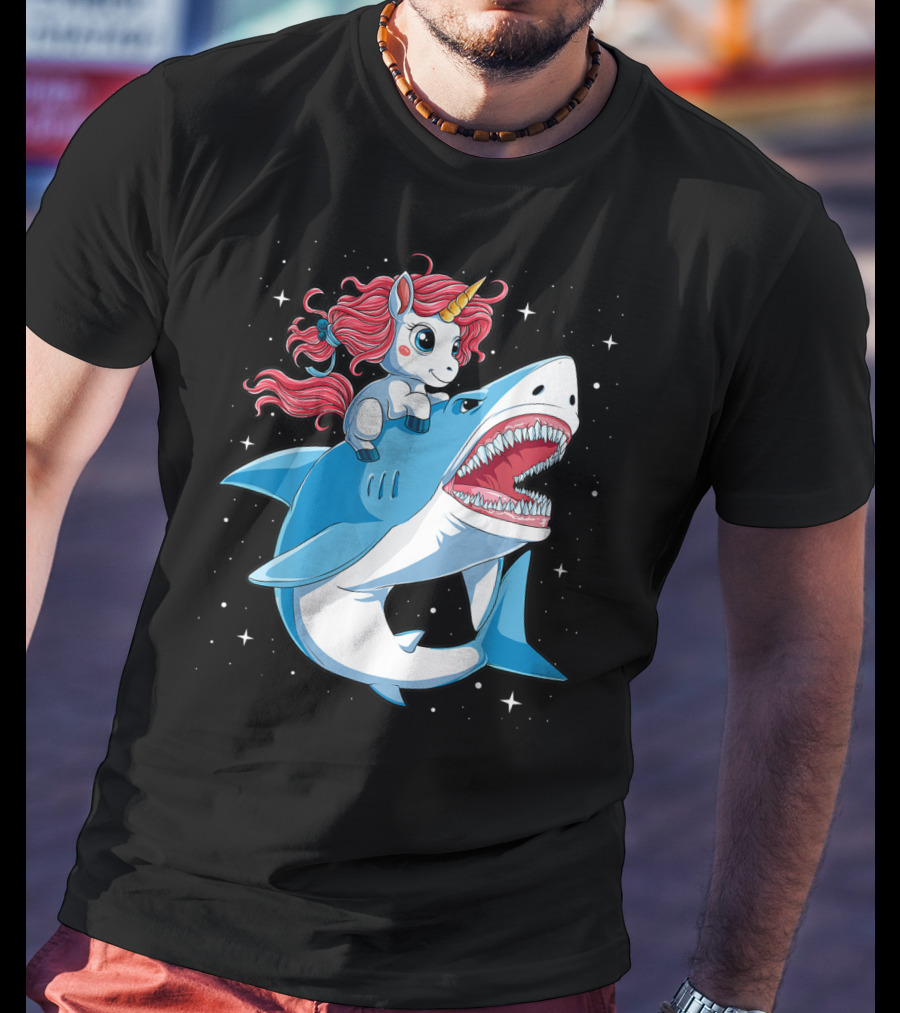 Unicorn Riding Shark In Space Galaxy Adventure T-Shirt