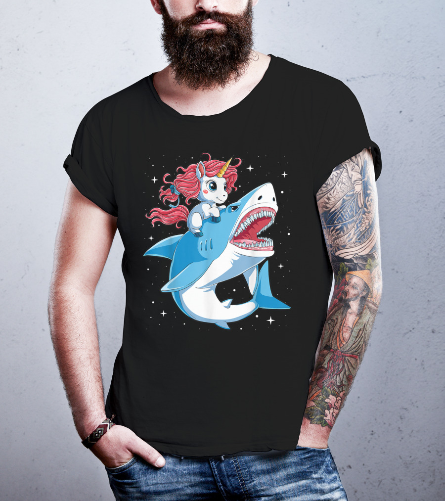 Unicorn Riding Shark In Space Galaxy Adventure T-Shirt