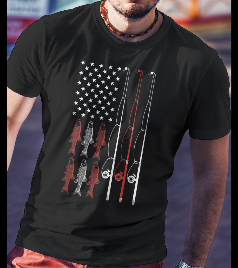 USA Flag Fishing Dad Grandpa Fish Poles Stars T-Shirt