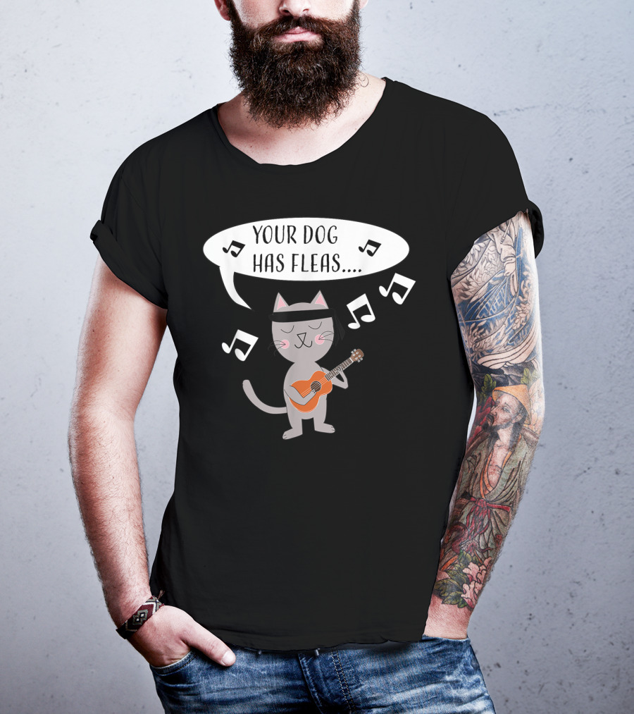 Ukulele Cat Playing Your Dog Has Fleas Tune With Music Notes T-Shirt