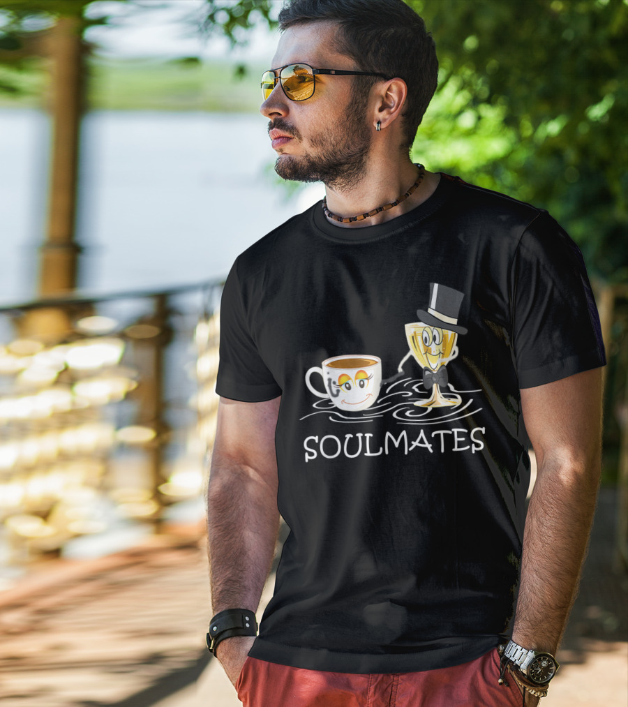 Funny Wine And Coffee Soulmates With Smiling Cup And Glass In Love T-Shirt