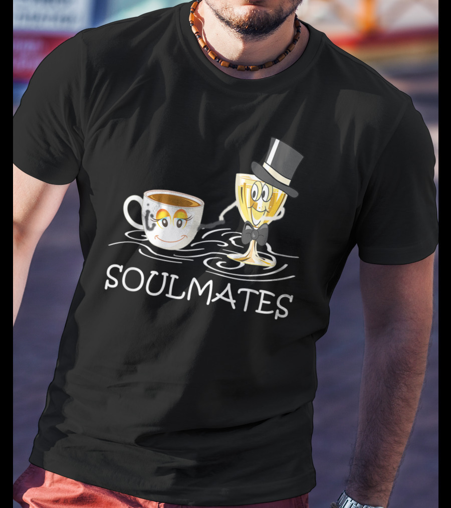 Funny Wine And Coffee Soulmates With Smiling Cup And Glass In Love T-Shirt