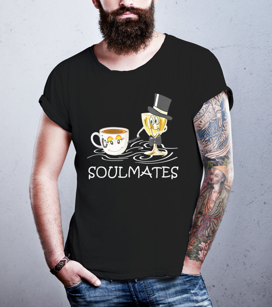 Funny Wine And Coffee Soulmates With Smiling Cup And Glass In Love T-Shirt