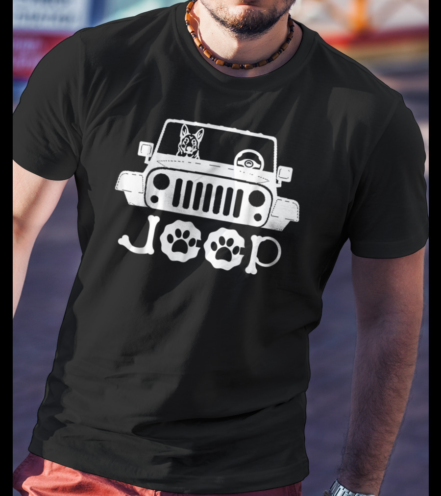 German Shepherd Dog Riding Jeep Joop With Paw Prints T-Shirt