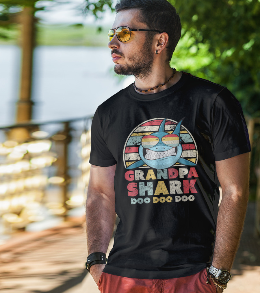 Grandpa Shark Doo Doo Doo Retro Sunglasses Stripes T-Shirt