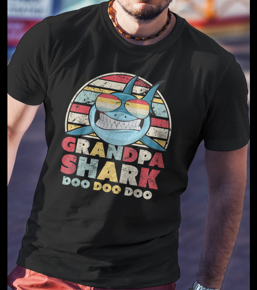 Grandpa Shark Doo Doo Doo Retro Sunglasses Stripes T-Shirt