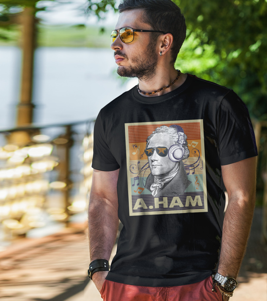 A. Ham Hamilton Headphones Music Notes Retro Vibe T-Shirt