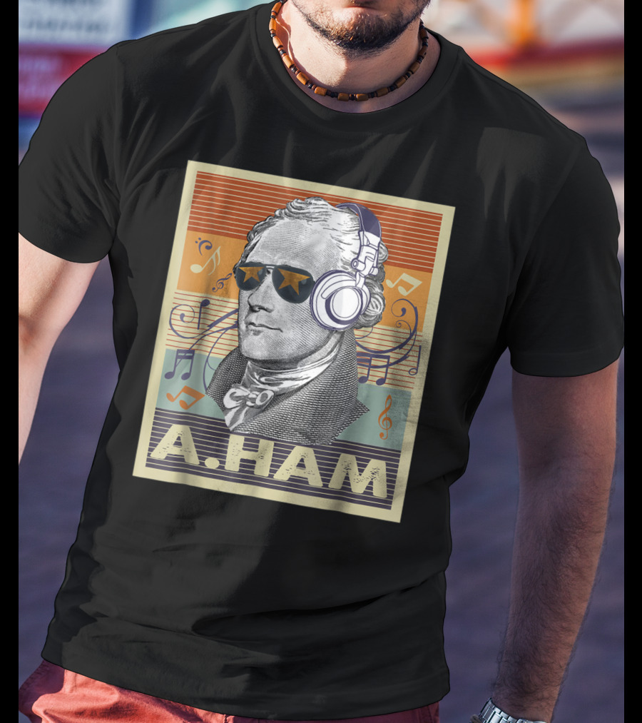 A. Ham Hamilton Headphones Music Notes Retro Vibe T-Shirt