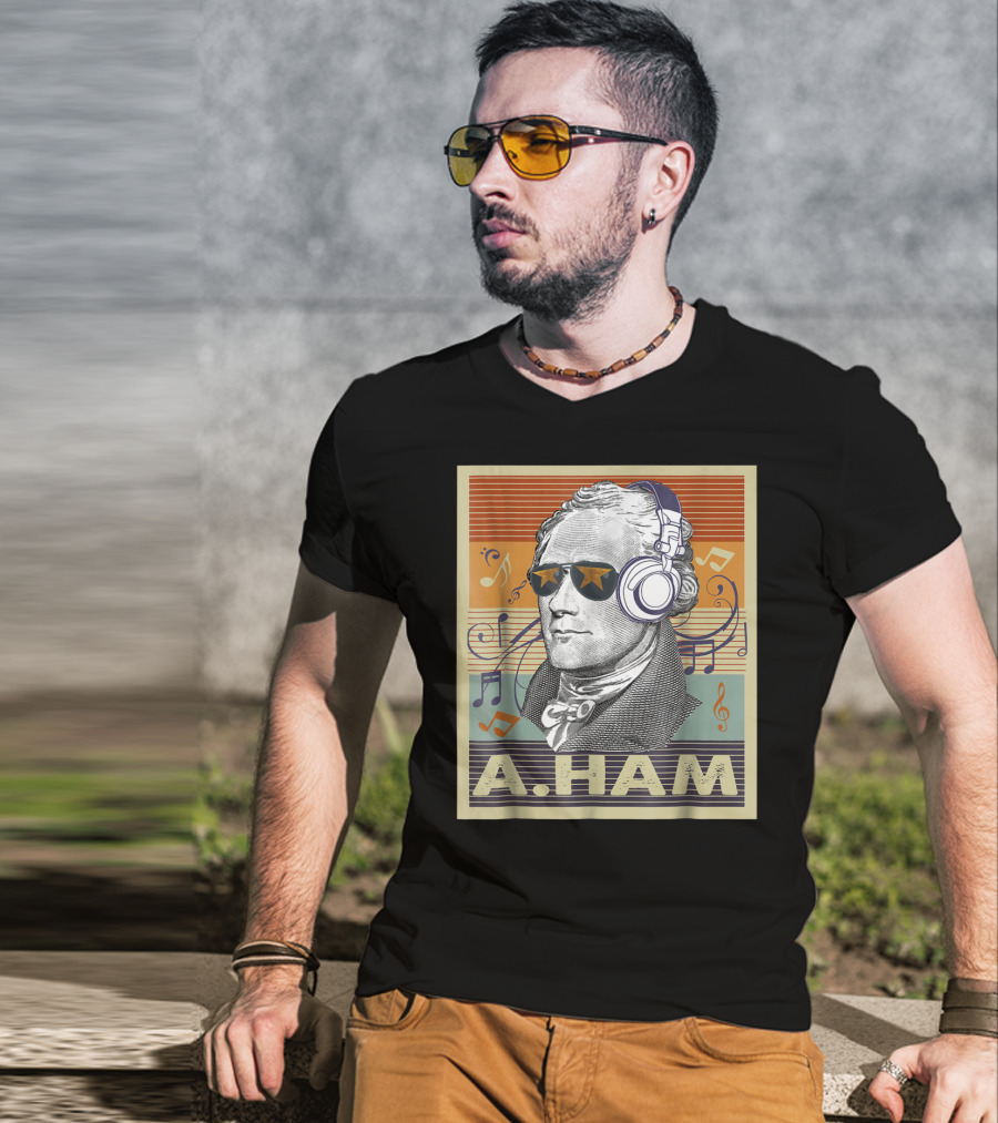 A. Ham Hamilton Headphones Music Notes Retro Vibe T-Shirt