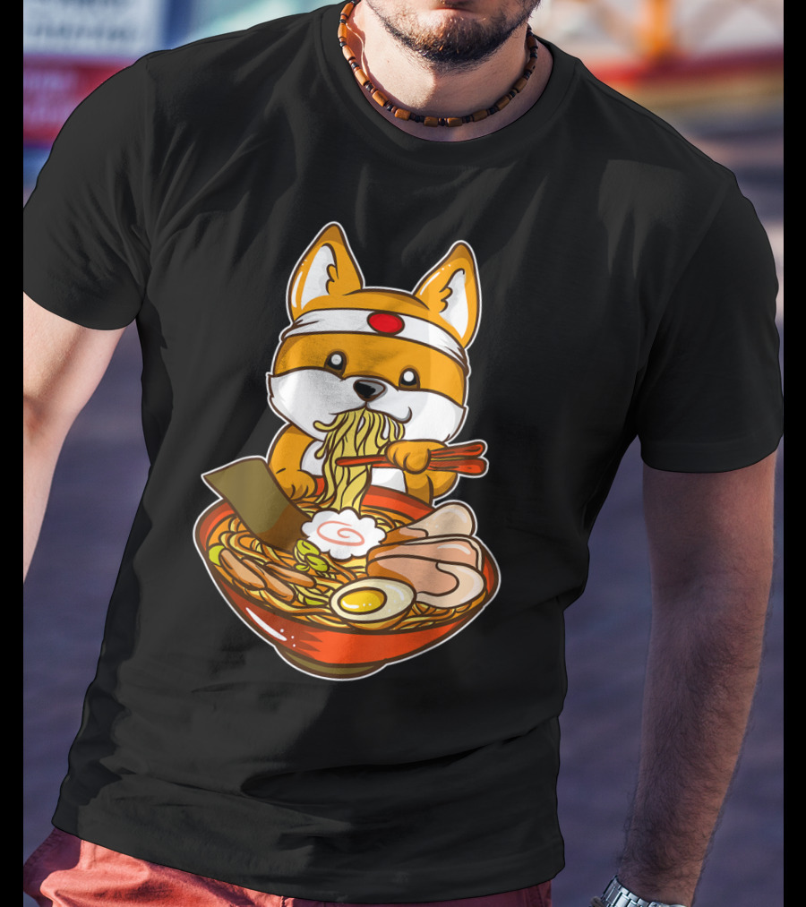 Kawaii Japanese Anime Shiba Inu Enjoying Ramen Bowl T-Shirt