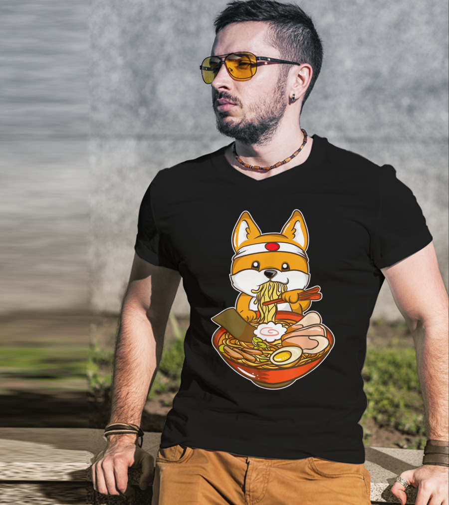 Kawaii Japanese Anime Shiba Inu Enjoying Ramen Bowl T-Shirt