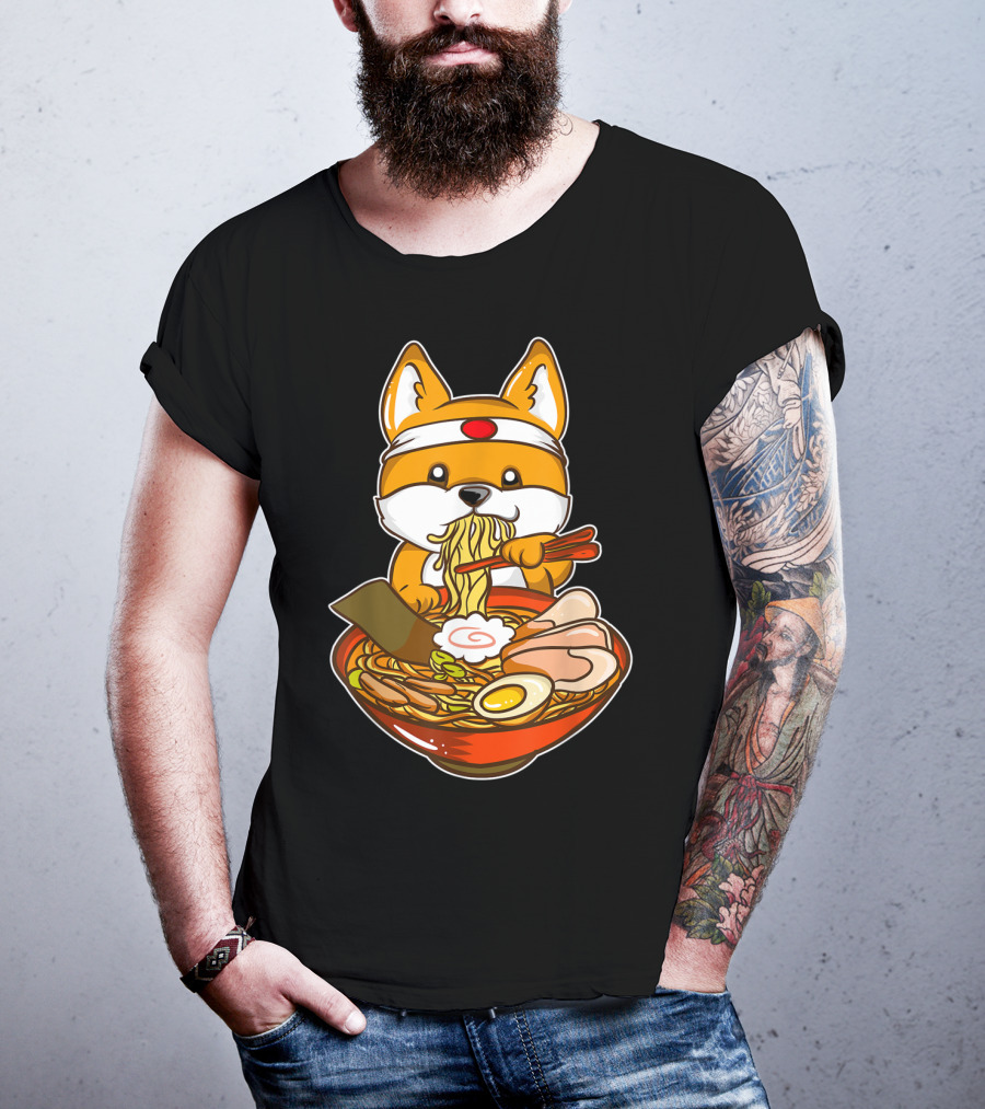 Kawaii Japanese Anime Shiba Inu Enjoying Ramen Bowl T-Shirt