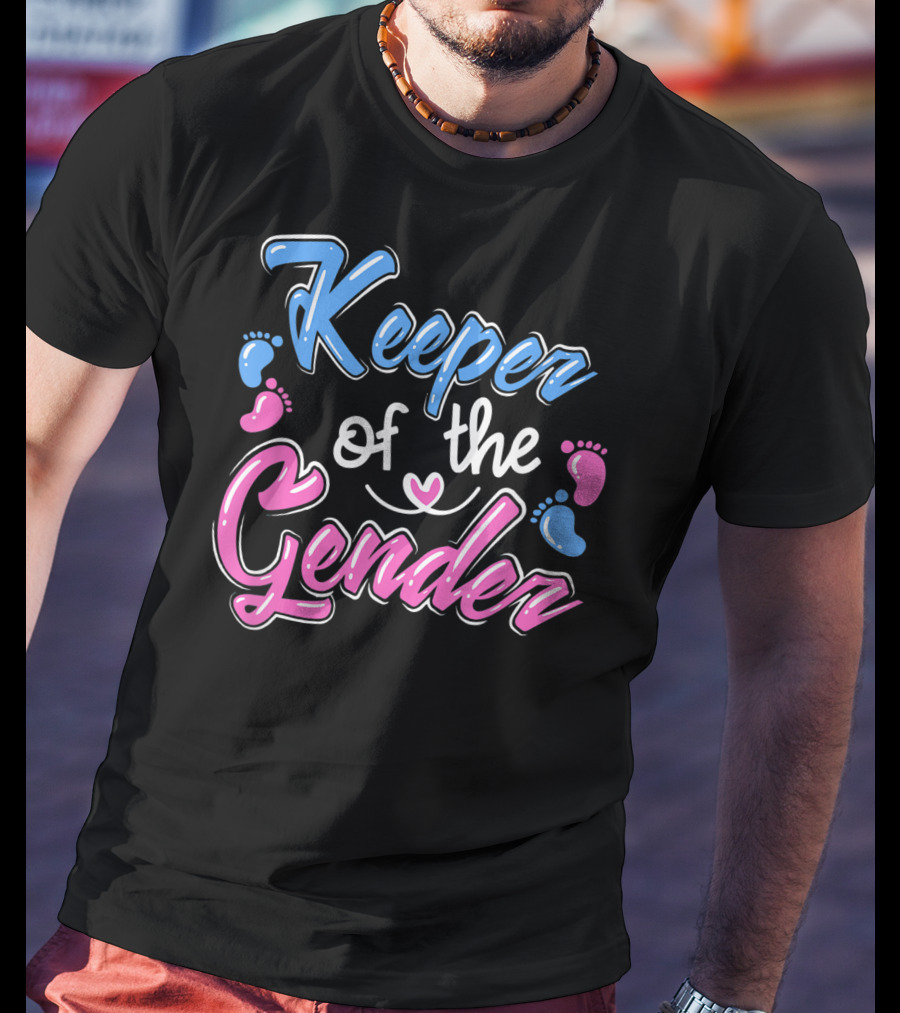 Keeper Of The Gender Reveal Announcement With Pink And Blue Baby Footprints T-Shirt