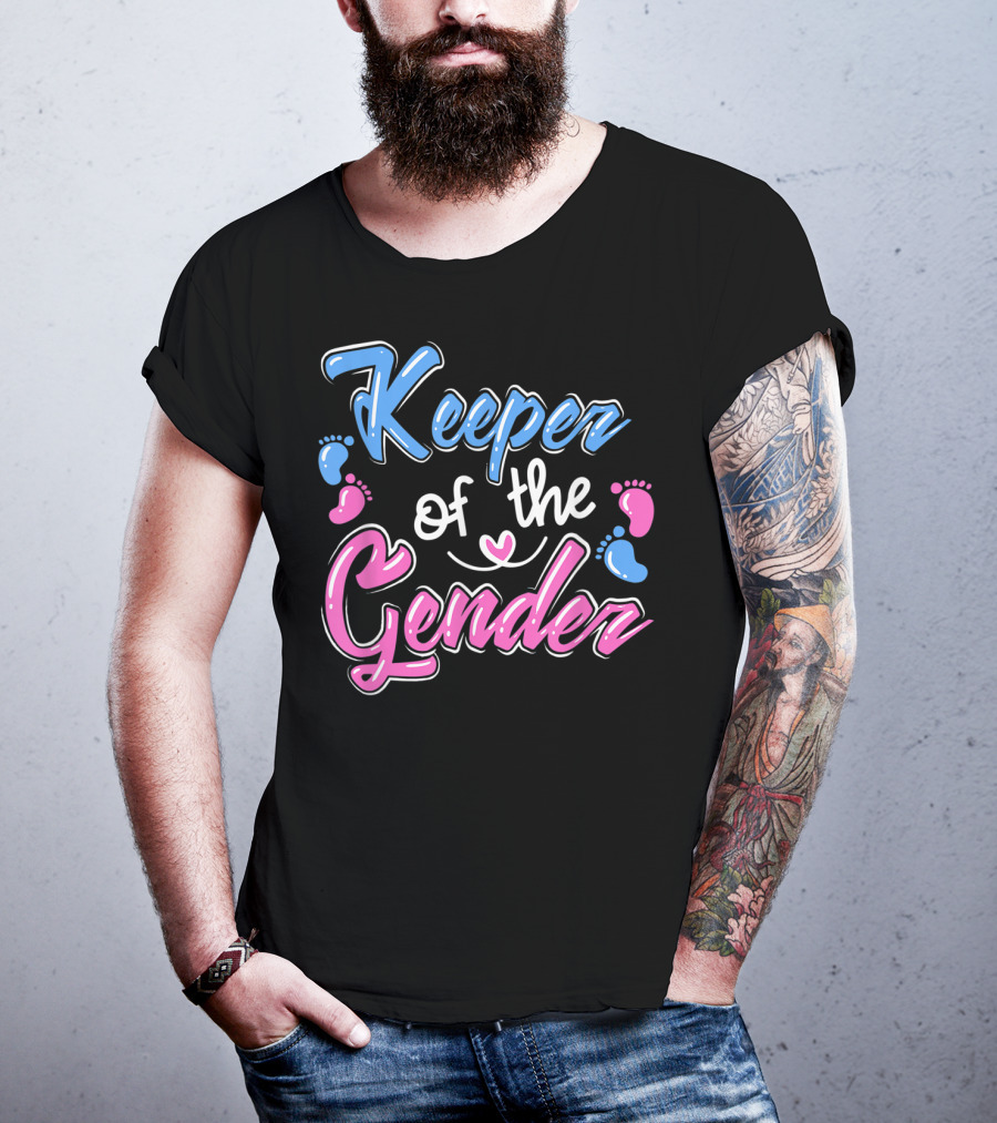 Keeper Of The Gender Reveal Announcement With Pink And Blue Baby Footprints T-Shirt