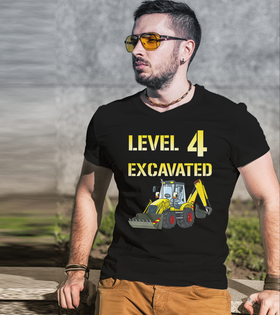 Level 4 Excavated Kids Excavator Birthday 4 Year Old Bday Boy T-Shirt