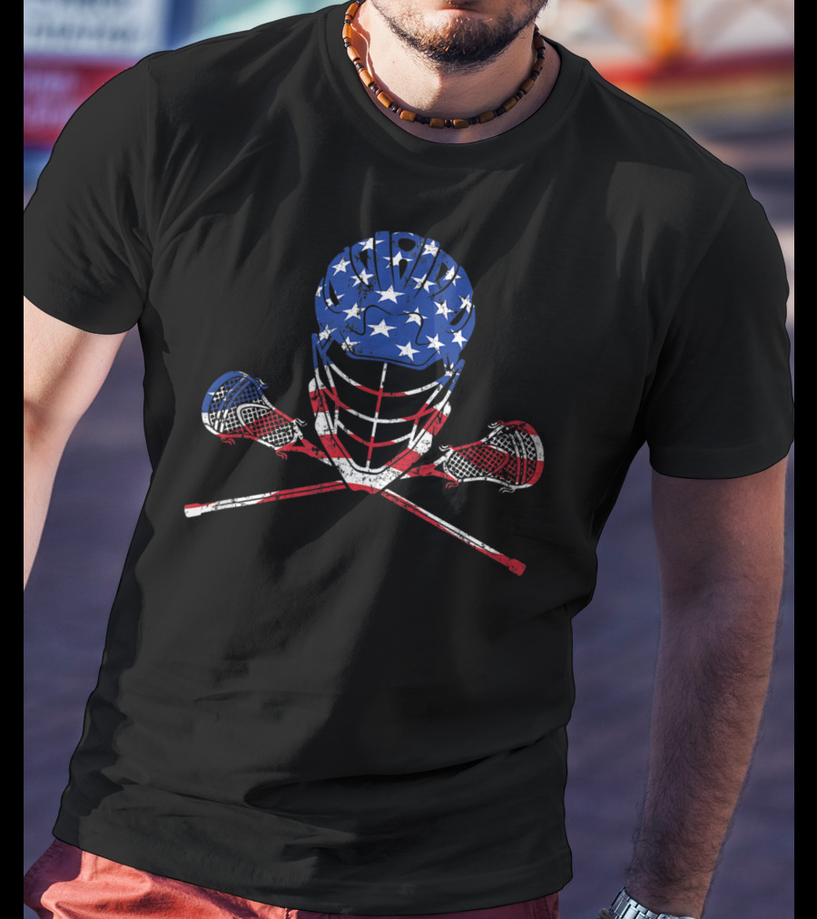 American Flag Lax Helmet And Sticks Lacrosse T-Shirt
