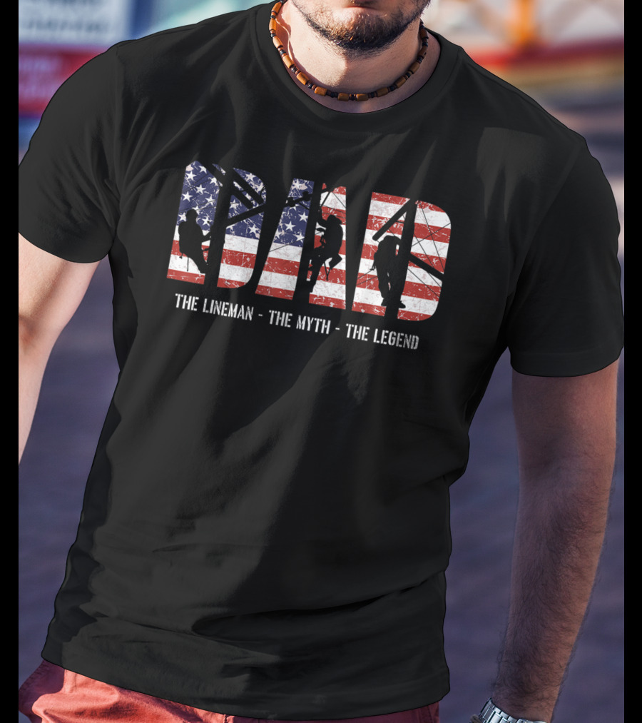 Dad Lineman Myth Legend American Flag T-Shirt