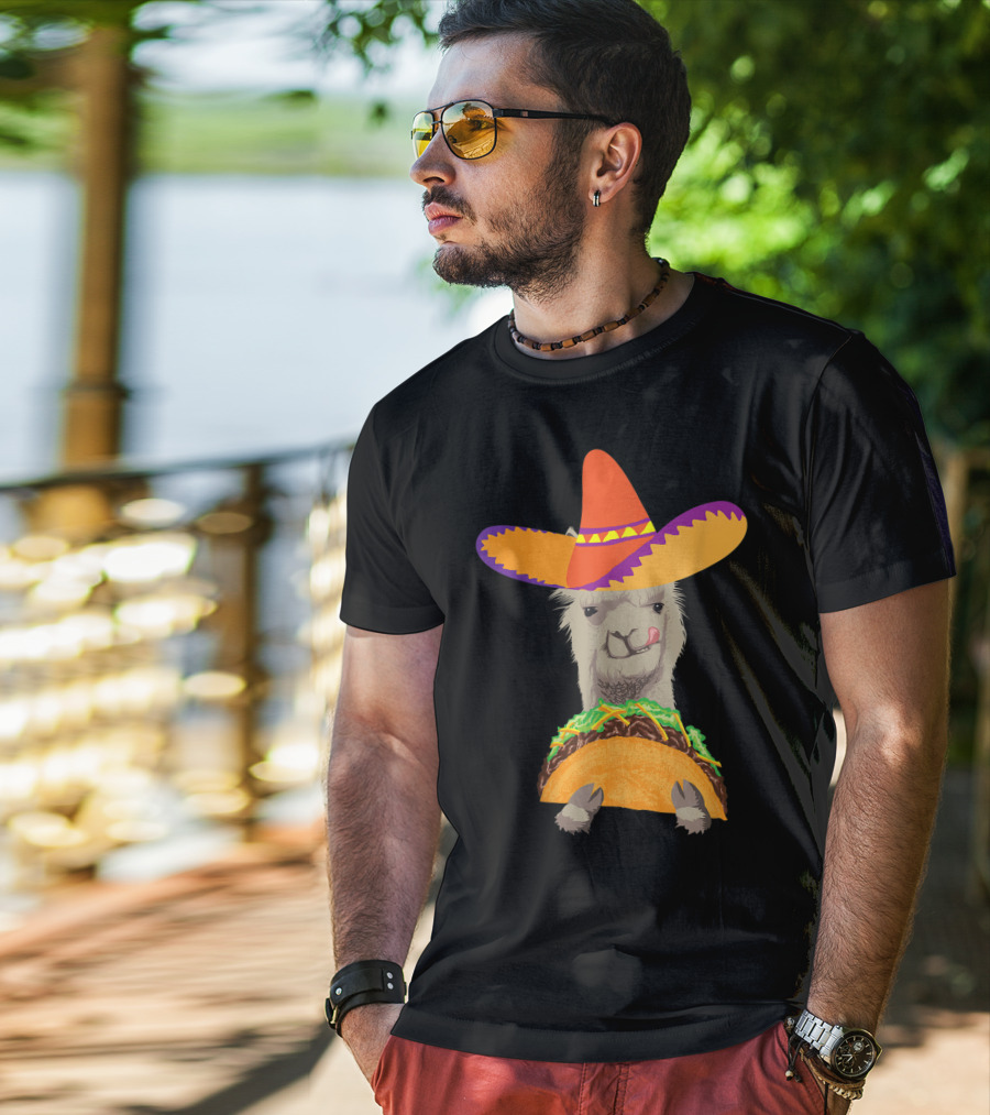 Llama Eating Taco With Sombrero Cool Mexican Alpaca T-Shirt