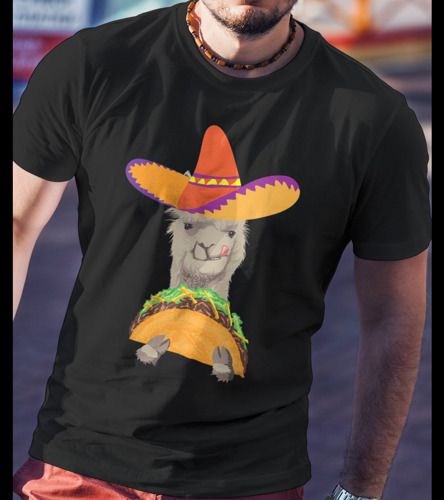 Llama Eating Taco With Sombrero Cool Mexican Alpaca T-Shirt