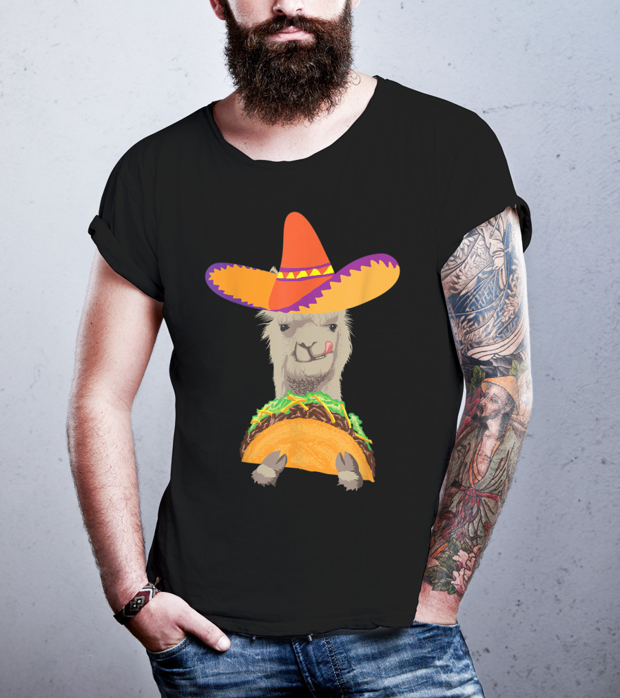 Llama Eating Taco With Sombrero Cool Mexican Alpaca T-Shirt
