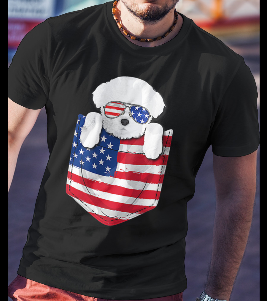 Maltese Dog Peeking Pocket American Flag Sunglasses T-Shirt