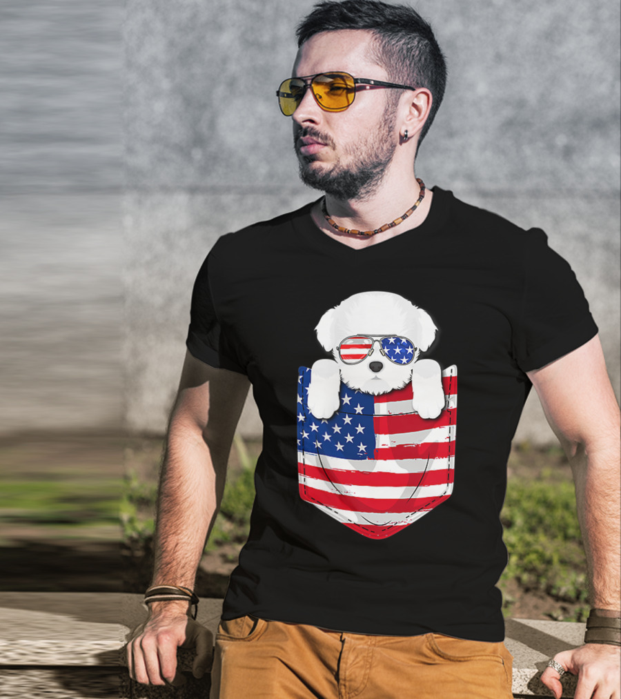 Maltese Dog Peeking Pocket American Flag Sunglasses T-Shirt