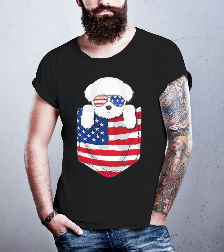 Maltese Dog Peeking Pocket American Flag Sunglasses T-Shirt