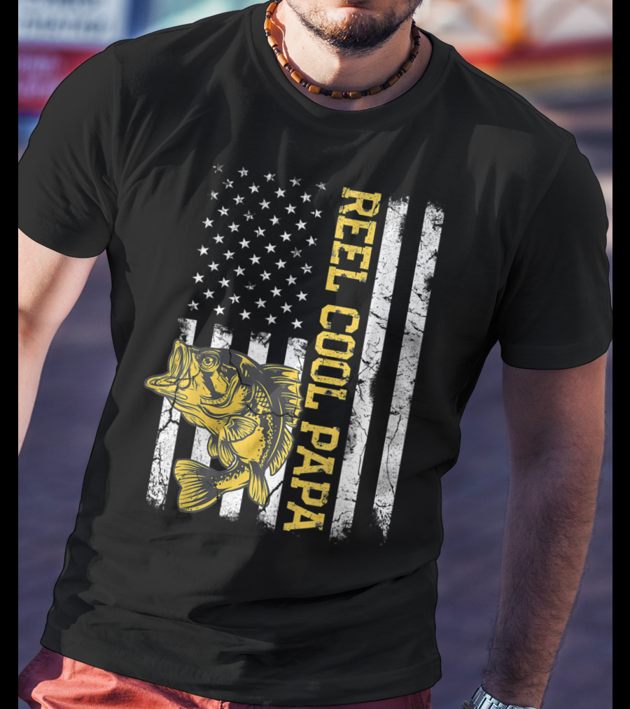 Father's Day Fishing Reel Cool Papa American Flag Bass T-Shirt