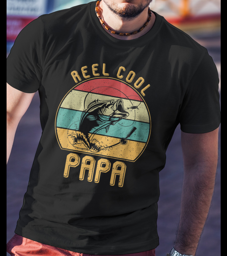 Reel Cool Papa Fishing Father's Day Retro Striped T-Shirt