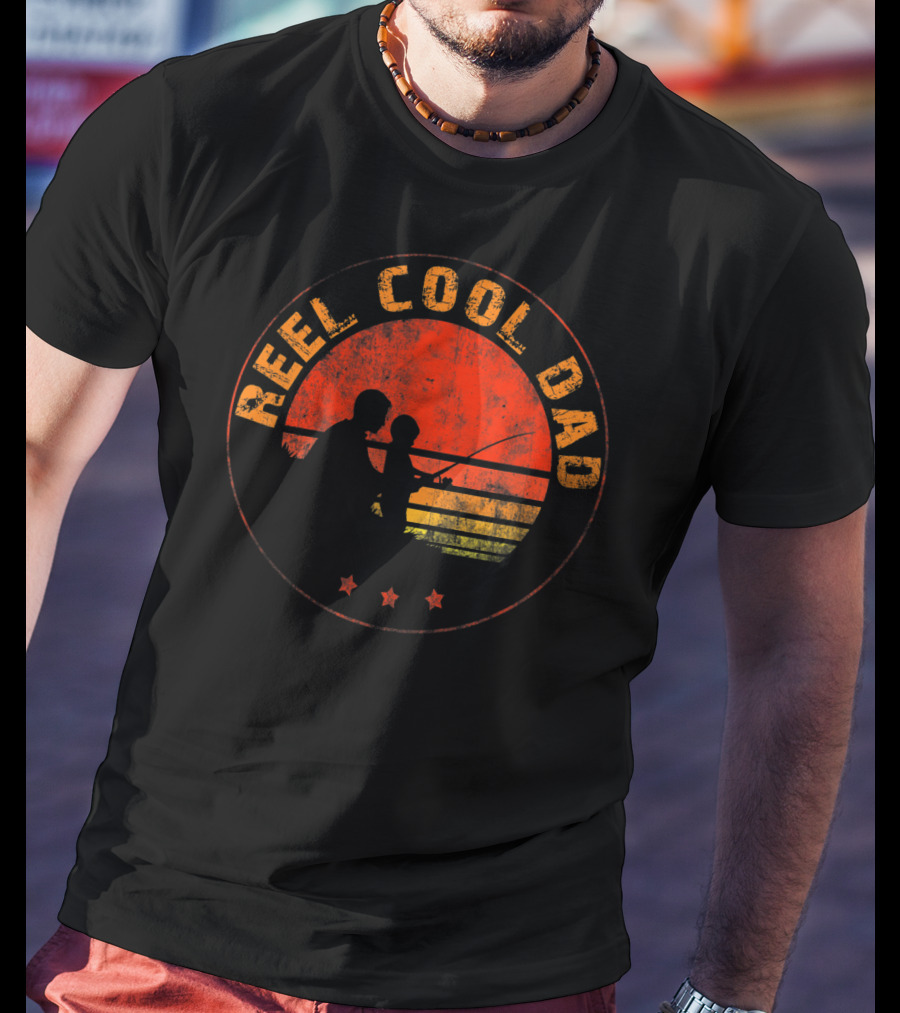 Reel Cool Dad Fishing Daddy Vintage Retro Sunset T-Shirt