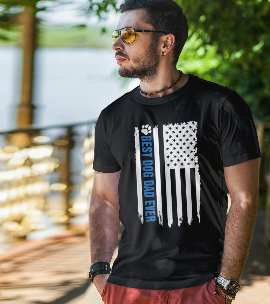 Best Dog Dad Ever Paw Print American Flag T-Shirt